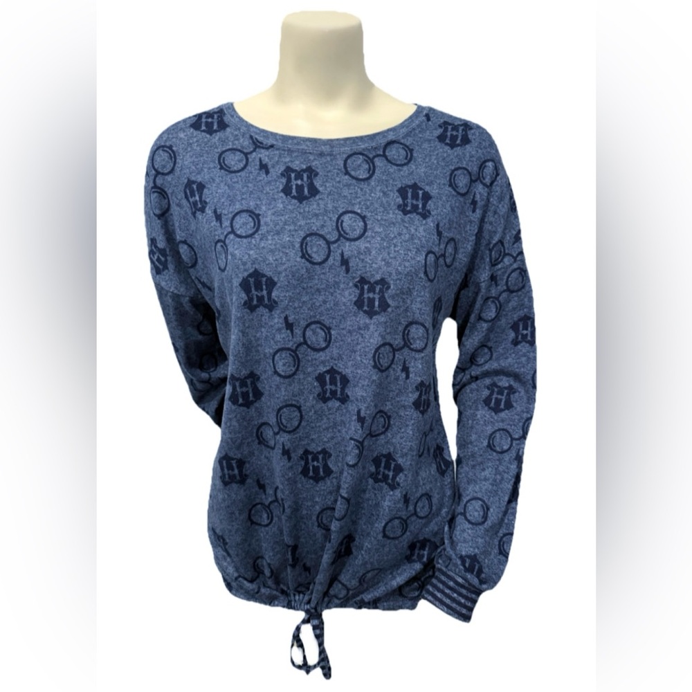 Harry Potter Womens M Blue Long Sleeve Graphic Lounge Top Wizarding World Tie